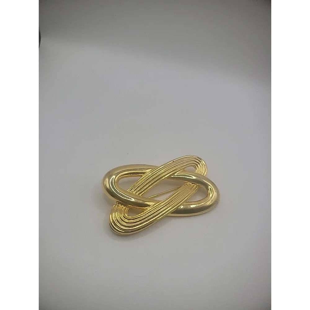 Vintage Gold Tone Brooch Pin Double Chain Smooth Ribbed Jewelry Costume